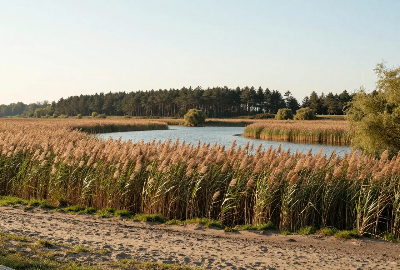Altarm der Elbe mit Schilf und Weiden in einer weiten Auenlandschaft, am anderen Ufer ein dunkler Kiefernwald im Licht der tief stehenden Nachmittagssonne
