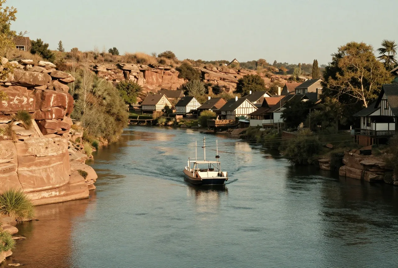 Kleine Seilfähre auf der ruhigen Elbe zwischen bewaldeten Sandsteinfelsen und einem Dorf mit Fachwerkhäusern im Nachmittagslicht