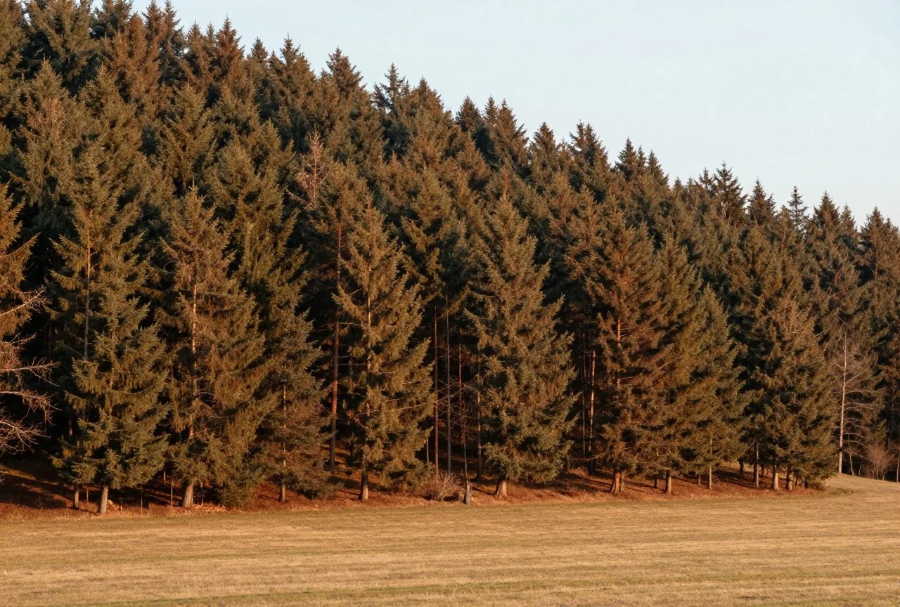 Steiler, dicht bewaldeter Berghang aus Fichten und Buchen im Sauerland im Nachmittagslicht