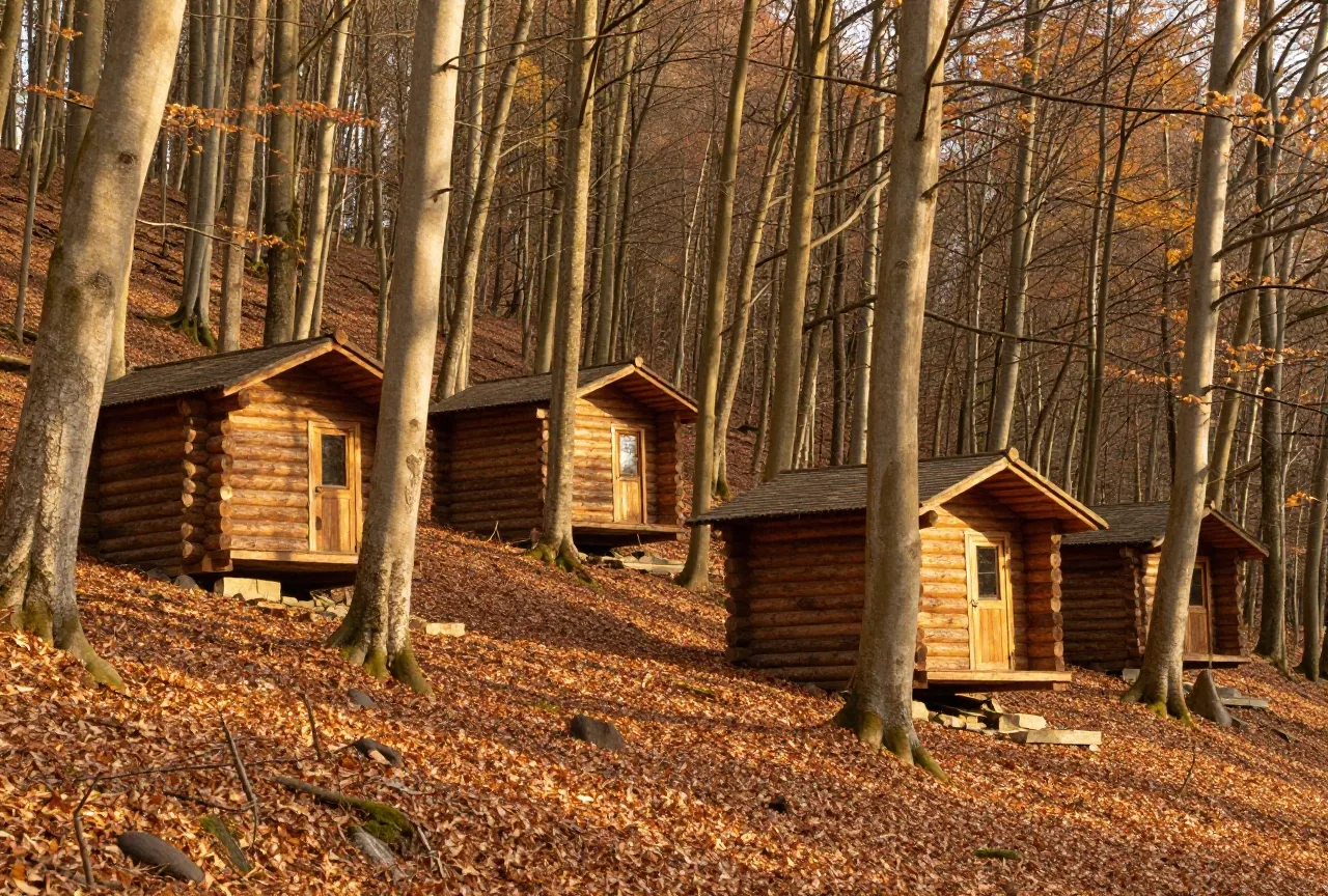 Kleine Blockhütten aus runden Stämmen unter hohen Buchen an einem Waldhang, Laub auf dem Boden und warmes Licht der späten Nachmittagssonne