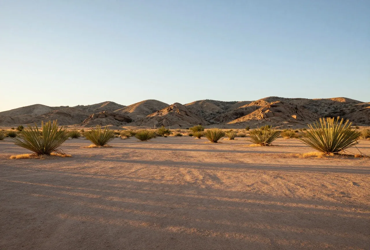 Offener leerer Exerzierplatz aus festgetretener Erde unter kahlen Felshängen in der Wüste von Westtexas im Abendlicht