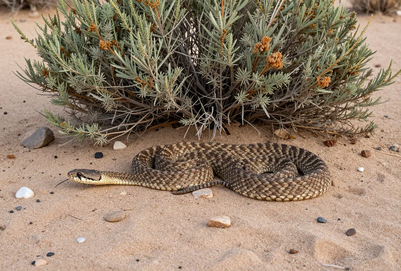 Zusammengerollte Klapperschlange ruht im Schatten eines Beifußstrauchs auf hellem Sandboden zwischen Steinen, die Rassel liegt locker auf dem Boden, weiches Licht der späten Nachmittagssonne