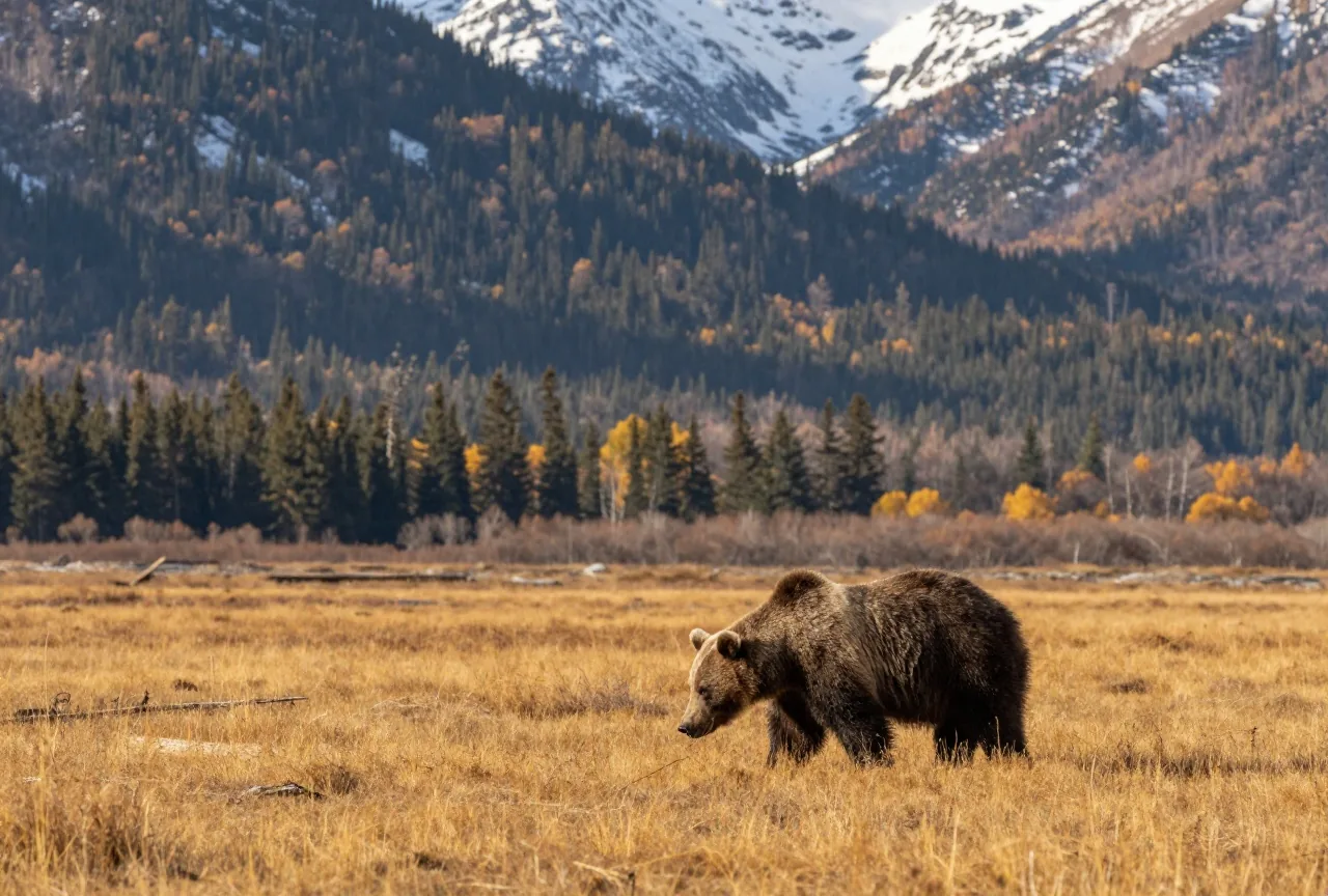 Grizzlybär sucht in einer weiten Bergwiese mit gelbem Herbstgras nach Nahrung, aus großer Entfernung gesehen, dahinter bewaldete Hänge und Gipfel mit Schnee im Abendlicht