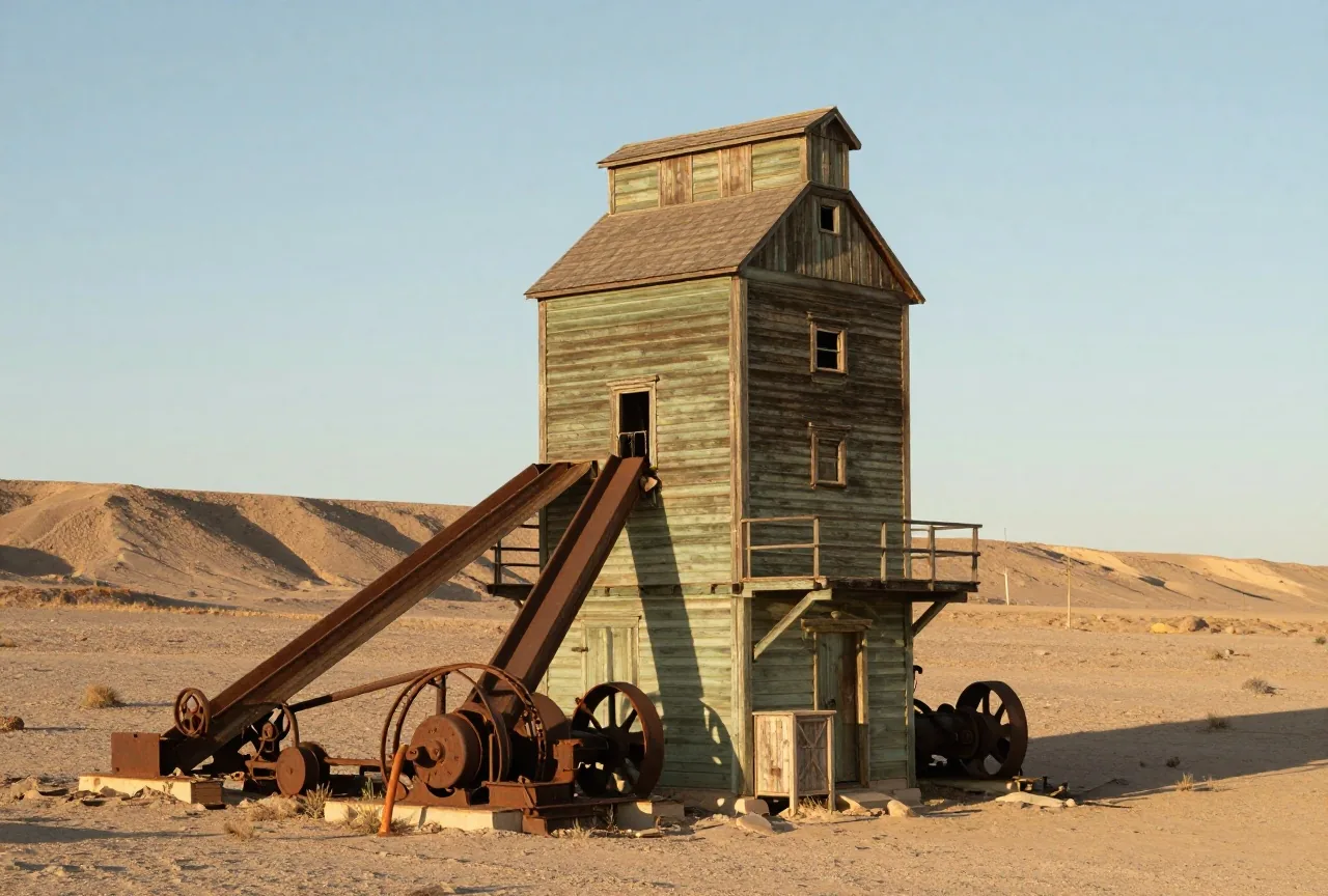 Hölzernes Gebäude einer alten Erzmühle mit hohem Dach und Förderrinnen an einem kahlen Hang, davor rostige Maschinenteile im Abendlicht