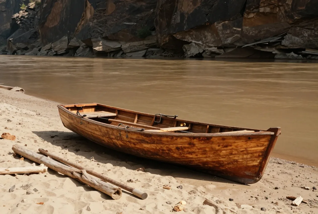 Ein Ruderboot aus Holz liegt auf einer Sandbank am Fuß steiler, dunkler Felswände, daneben ein breiter brauner Fluss