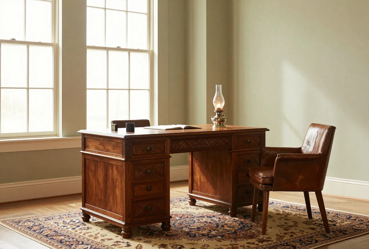 Arbeitszimmer um 1900 mit schwerem Holzschreibtisch, Öllampe, Ledersessel und Orientteppich im warmen Licht hoher Fenster