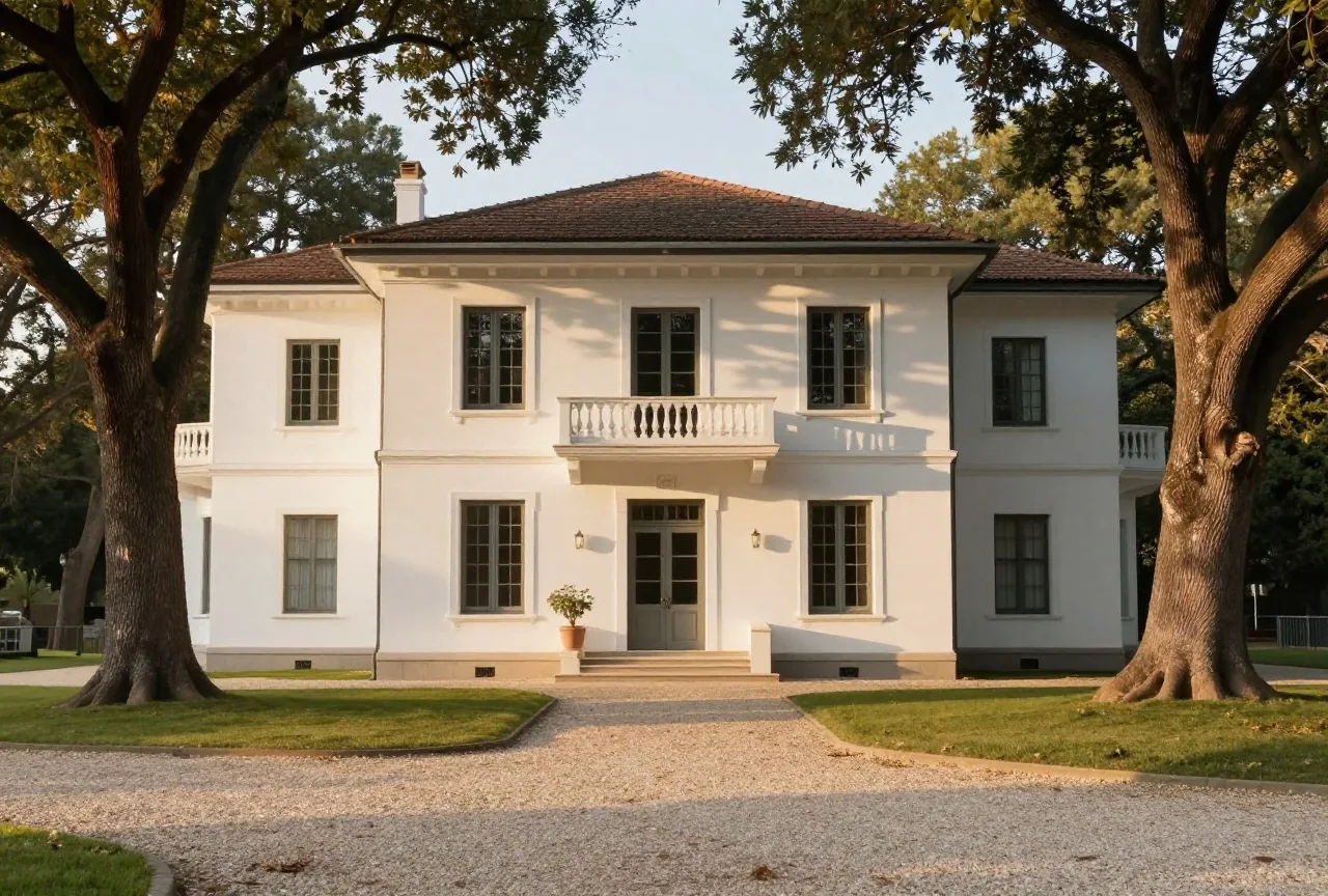 Weiße Villa um 1900 mit Balkon hinter alten Bäumen, davor ein Kiesweg im späten Nachmittagslicht