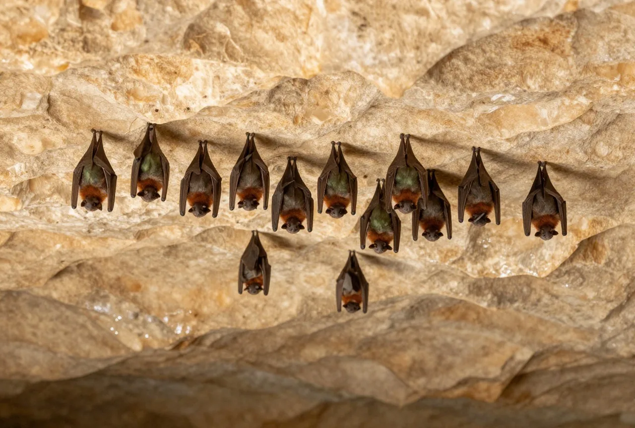 Fledermäuse hängen in kleinen Gruppen an der hellen, zerklüfteten Decke einer Gipshöhle, schwach von unten beleuchtet