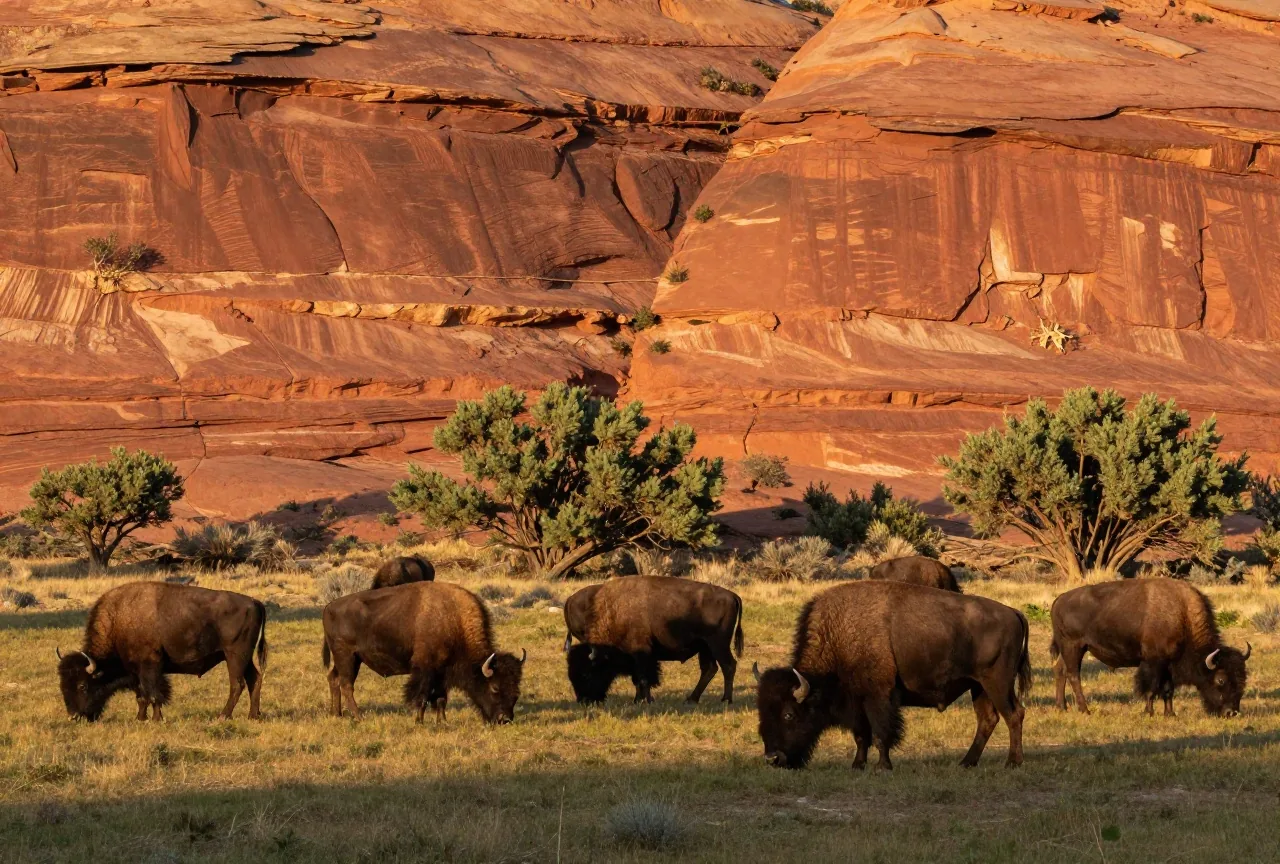 Kleine Herde Bisons grast auf einer Grasfläche am Fuß roter, waagerecht geschichteter Canyonwände mit Wacholderbüschen im warmen Licht der späten Nachmittagssonne