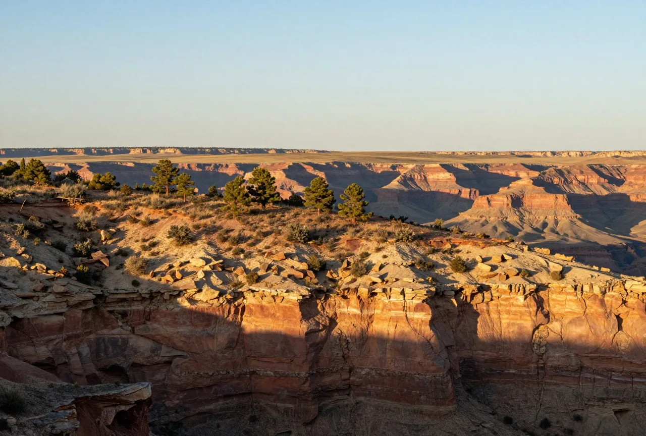 Hochfläche mit Wacholder und Pinyon-Kiefern am Rand eines tiefen Canyons, in der Ferne Tafelberge unter einem weiten Himmel am späten Nachmittag