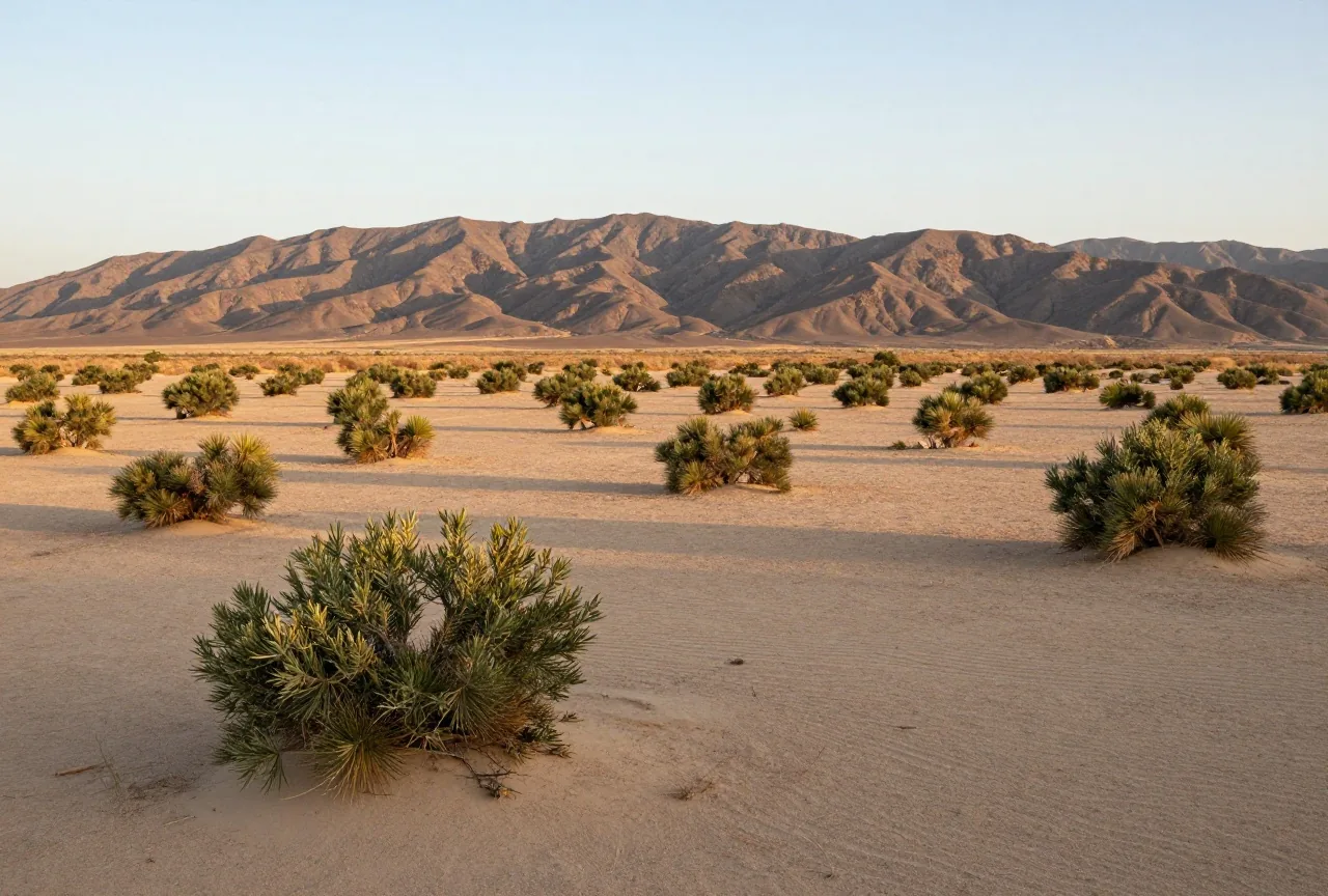 Trockene Wüstenebene in der Mojave mit Kreosotbüschen und kahlen braunen Bergen im warmen Abendlicht
