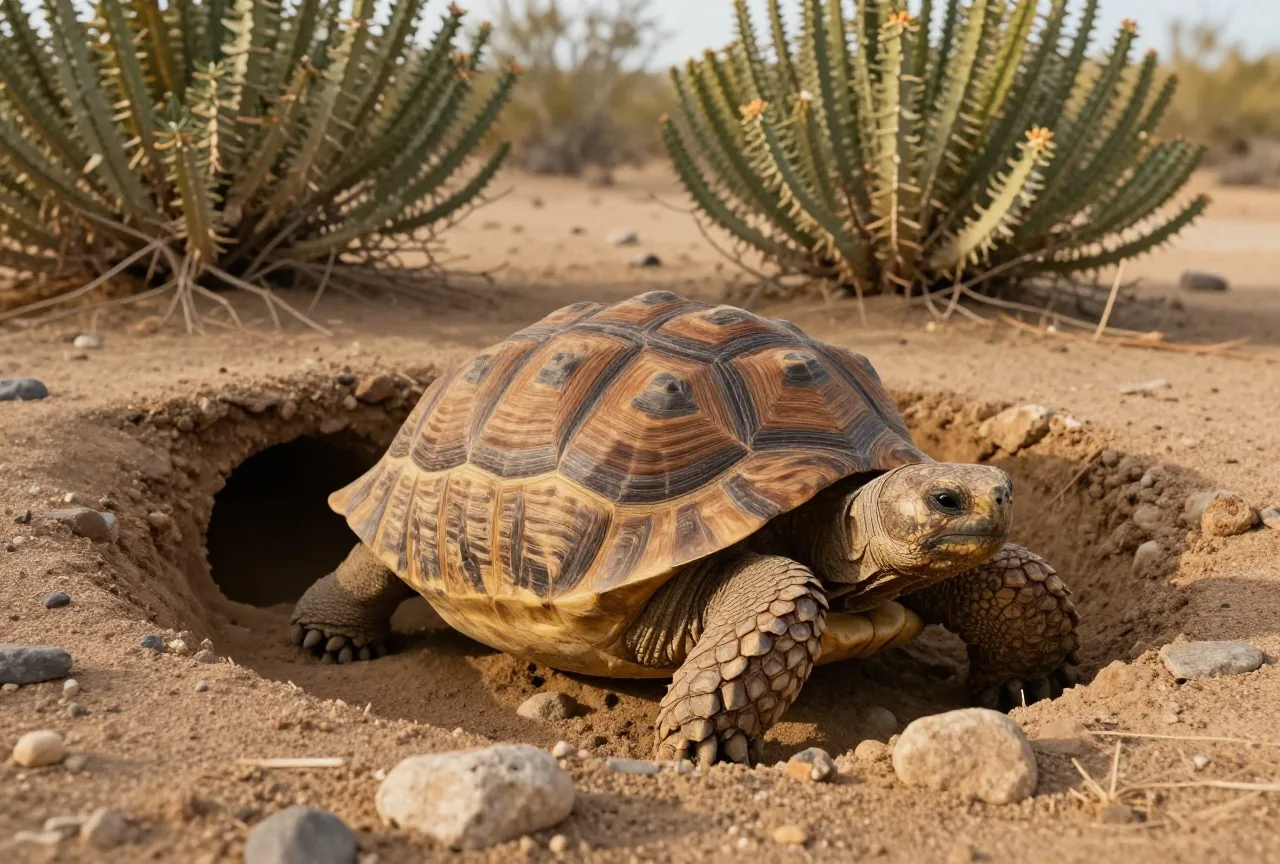 Wüstenschildkröte mit hochgewölbtem braunem Panzer vor dem Eingang ihres Erdbaus zwischen Kreosotbüschen und kleinen Steinen, warmes Licht am späten Nachmittag