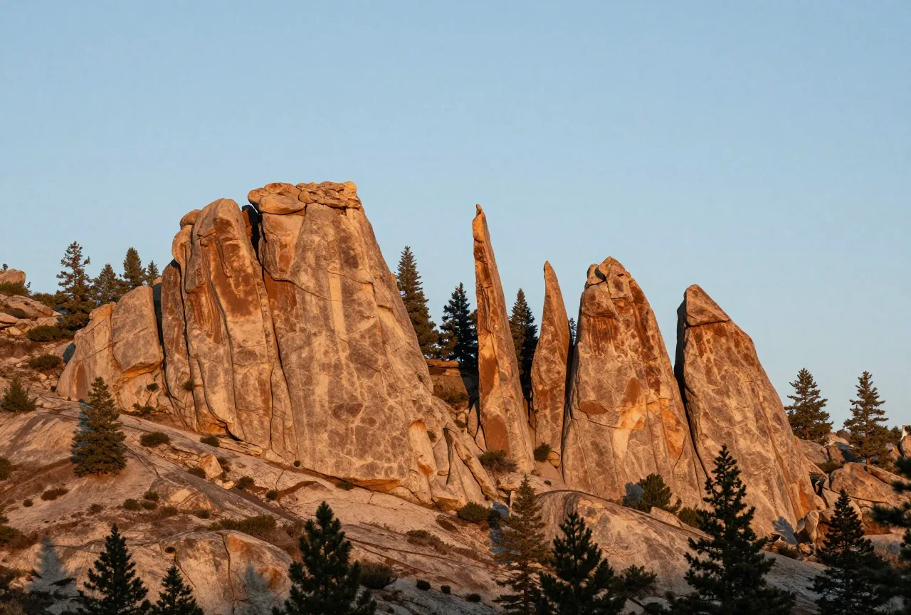 Hohe Granitnadeln und Felstürme zwischen dunklen Kiefern auf einem Bergrücken der Black Hills, darüber ein klarer Himmel im Abendlicht