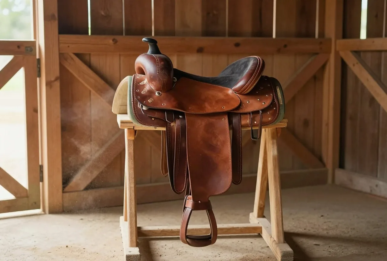 Westernsattel aus verziertem Leder auf einem hölzernen Sattelbock in einem Stall, seitlich einfallendes Abendlicht