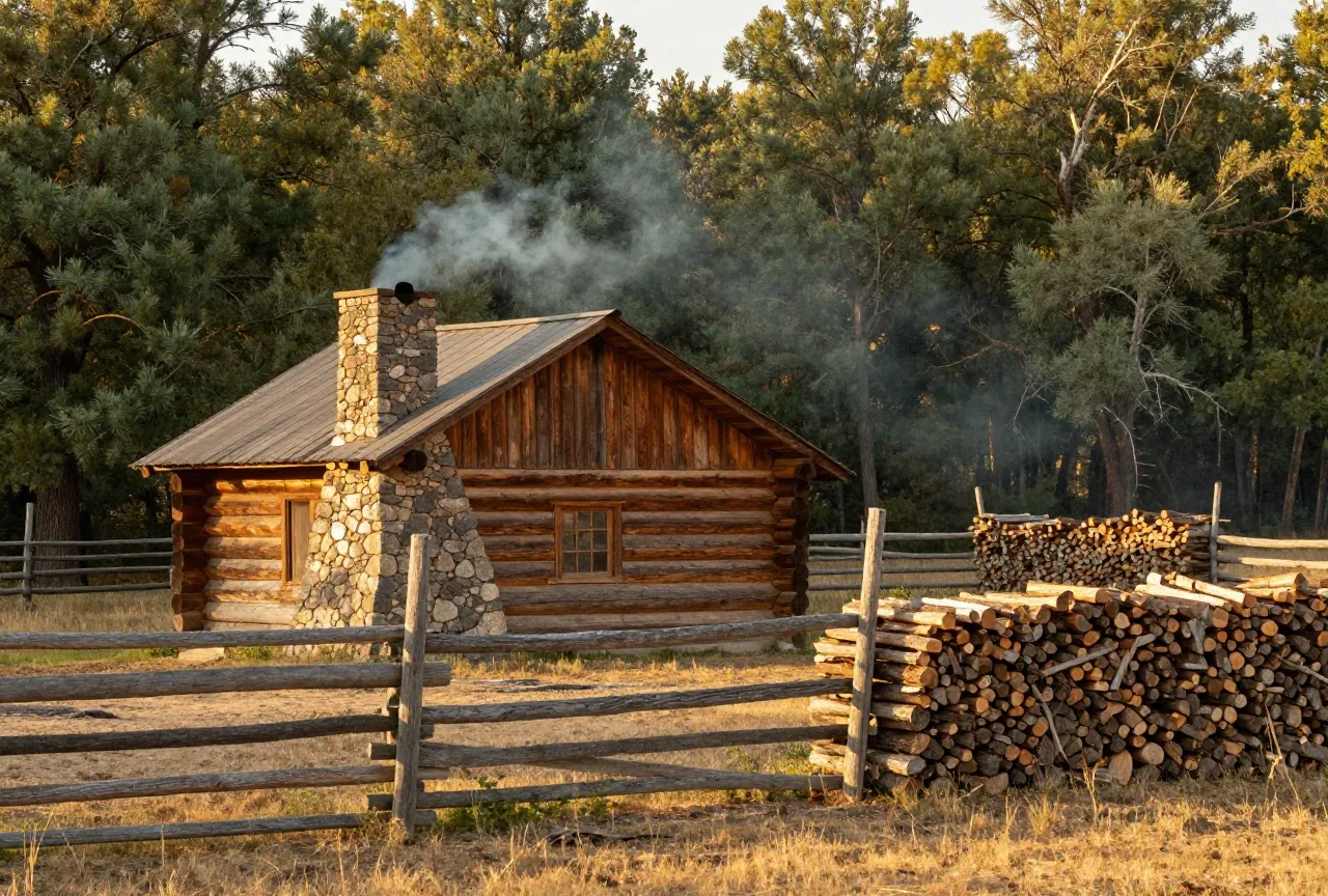 Blockhütte mit rauchendem Kamin an einer Waldlichtung, davor ein Zaun aus gespaltenem Holz und ein Holzstapel im Abendlicht