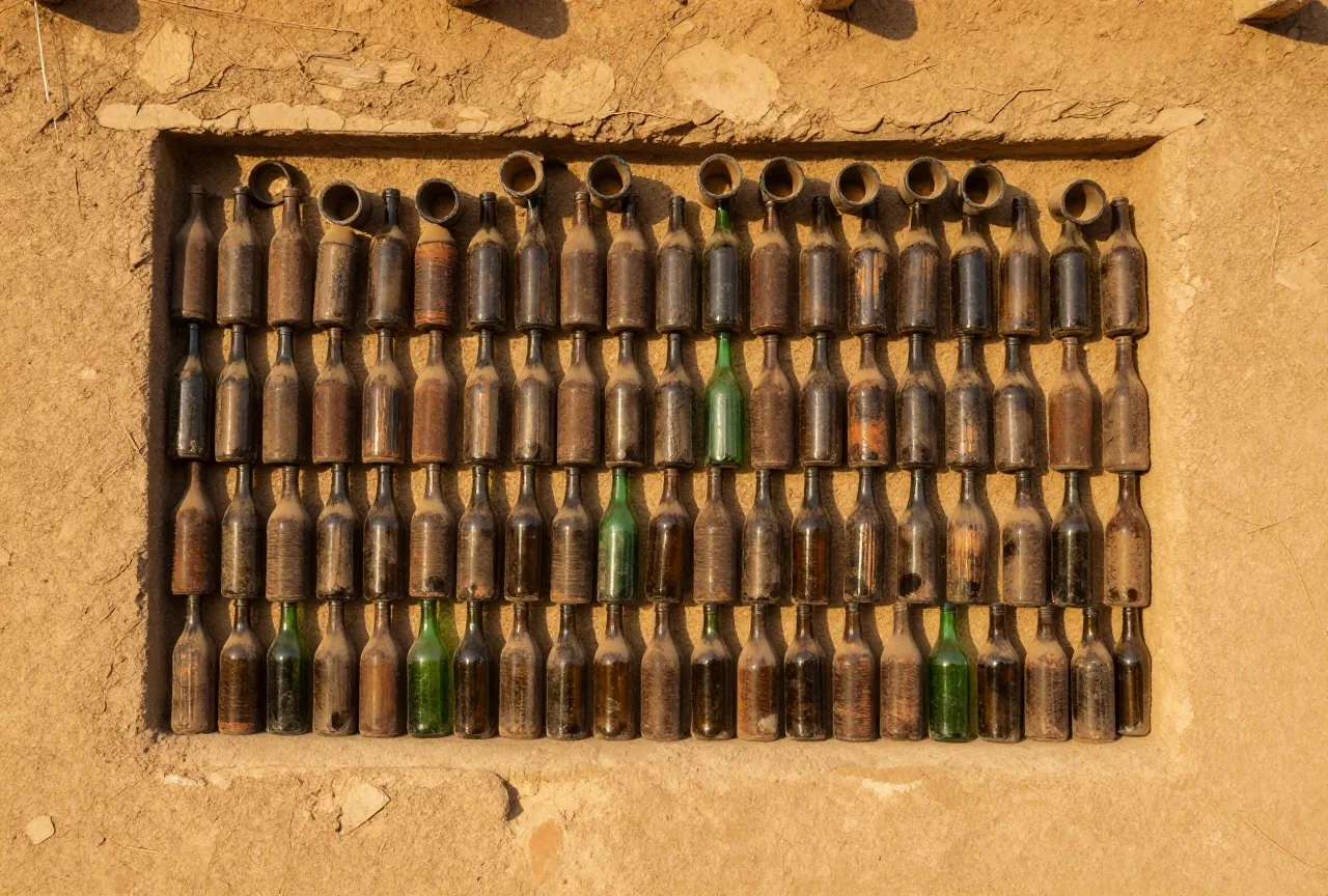 Hauswand aus Hunderten waagerecht gestapelter brauner und grüner Glasflaschen ohne Etikett in Lehmmörtel, das Glas leuchtet in der tief stehenden Wüstensonne