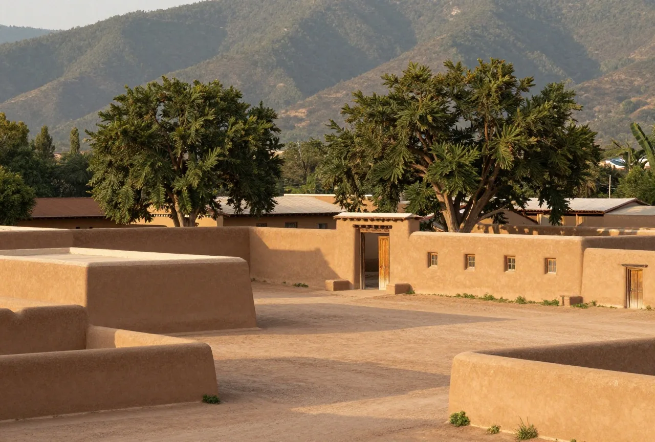 Breite Plaza mit Pappeln und flachen Lehmhäusern, an einer Seite ein langes Gebäude mit Holzportal, im Hintergrund bewaldete Berge