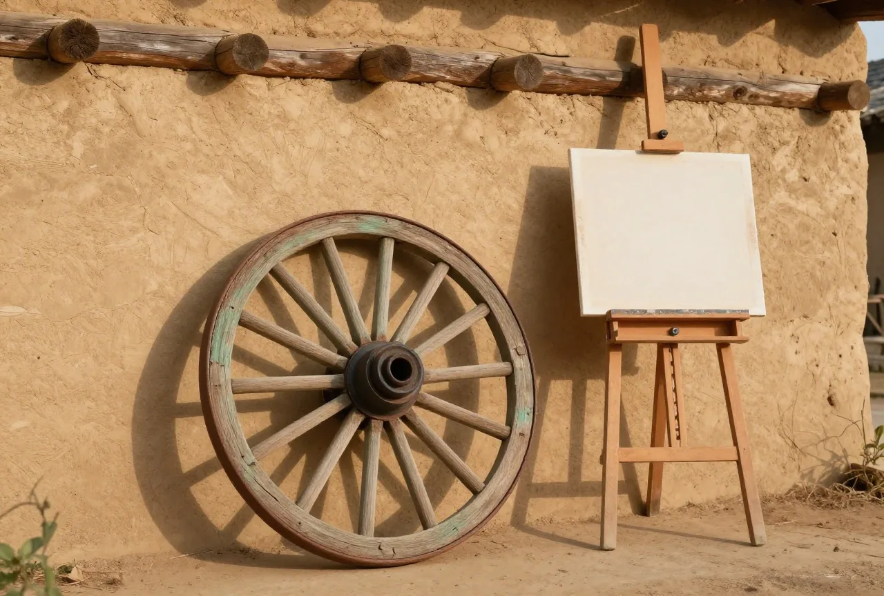 Altes hölzernes Wagenrad an einer sonnigen Lehmwand mit Holzbalken, daneben eine Staffelei mit leerer Leinwand