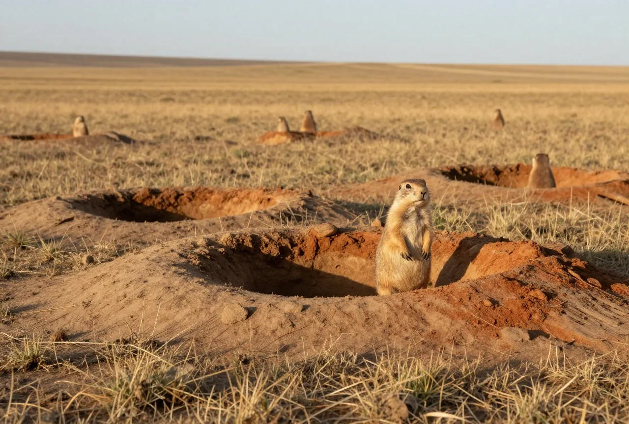 Präriehundkolonie auf kurzem, trockenem Gras mit kegelförmigen Erdhügeln, ein Tier steht aufrecht am Bau, dahinter weite Prärie im warmen Licht der späten Nachmittagssonne