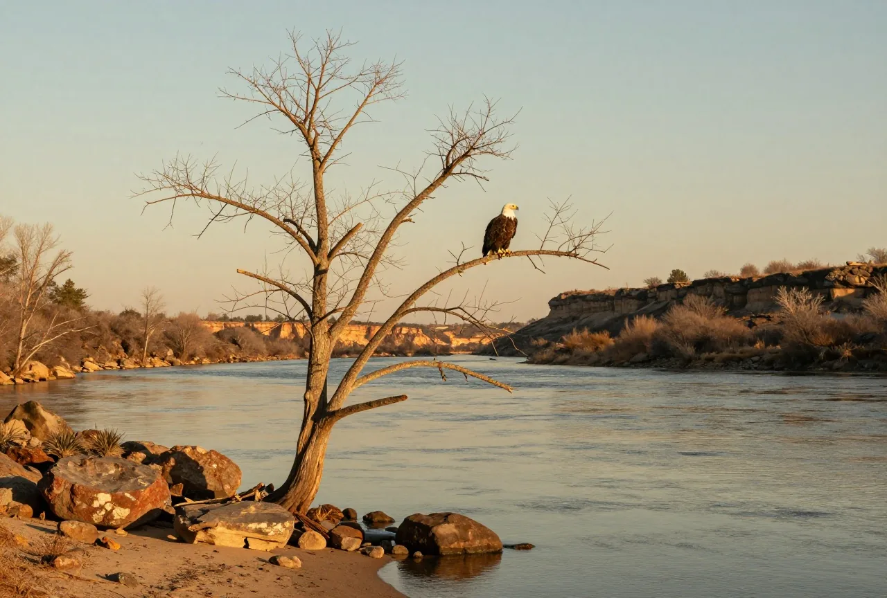 Weißkopfseeadler sitzt auf dem kahlen Ast einer alten Pappel über einem breiten Fluss, im Hintergrund felsige Uferhänge im goldenen Licht der späten Nachmittagssonne