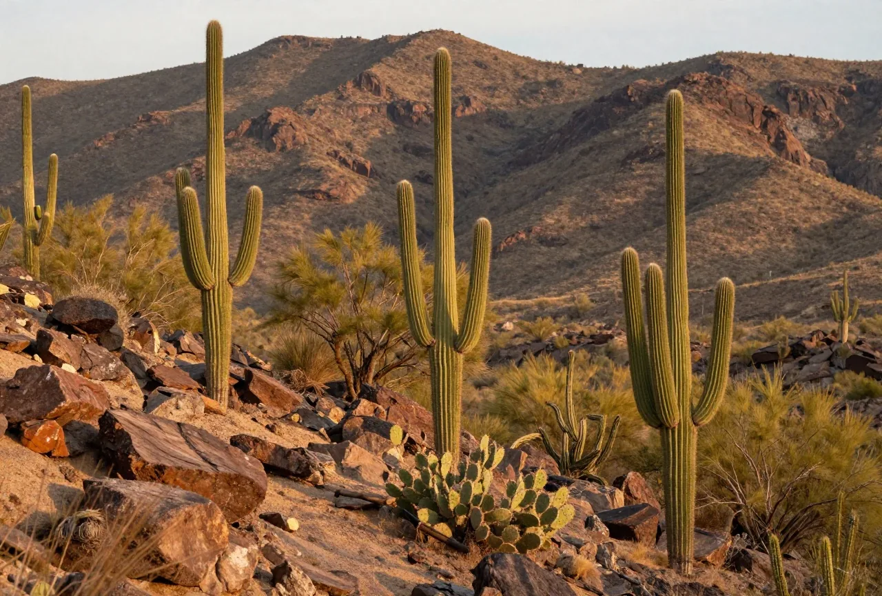 Mehrere hohe Saguaro-Kakteen mit aufragenden Armen auf einem steinigen Wüstenhang, dazwischen Palo-Verde-Bäume und Opuntien, im Hintergrund eine Bergkette im warmen Abendlicht
