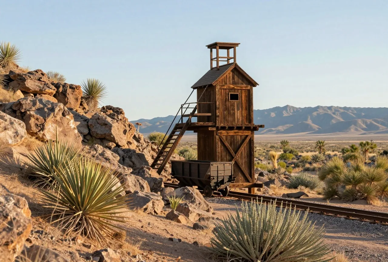 Hölzerner Förderturm und Erzwagen auf Schienen an einem felsigen Wüstenhang mit Yuccas