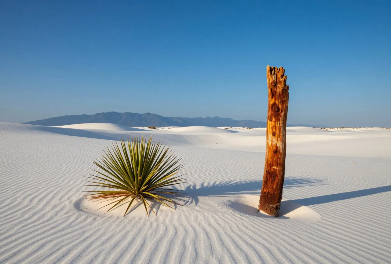 Strahlend weiße Gipsdünen mit feinen Rippeln im Sand unter blauem Himmel, eine einzelne Yucca-Pflanze im Vordergrund, am Horizont eine blaue Bergkette