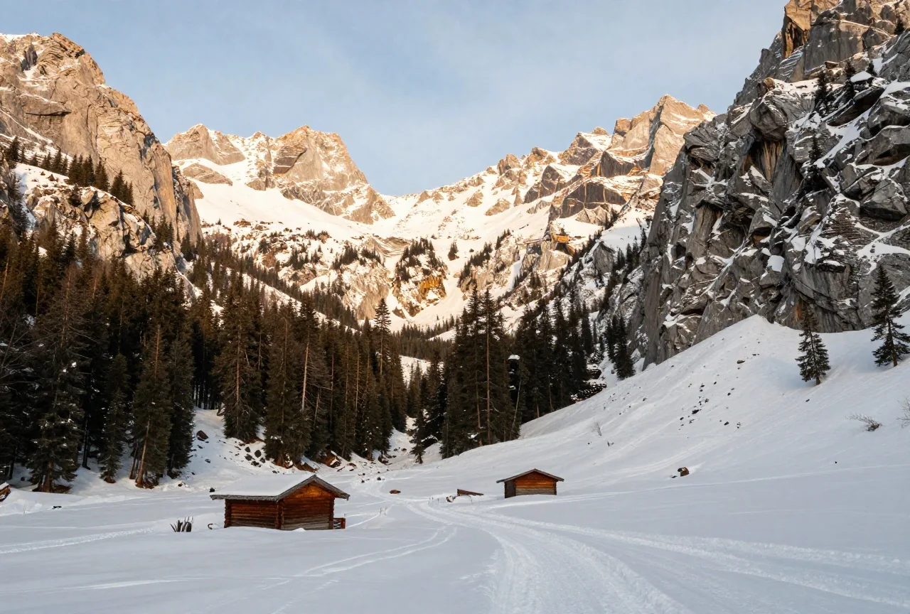 Verschneites Hochtal mit dunklem Nadelwald und schroffen Kalkfelsen, darin eine Handvoll einfacher Holzhütten und eine Schlittenspur im Schnee, kaltes klares Licht am Nachmittag