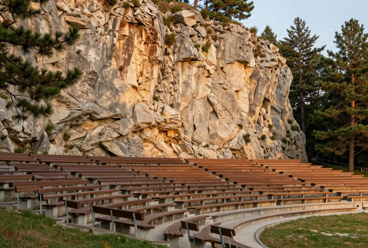 Hohe helle Felswand über leeren hölzernen Sitzreihen eines Freilichttheaters, davor Kiefern und Gras im warmen Abendlicht