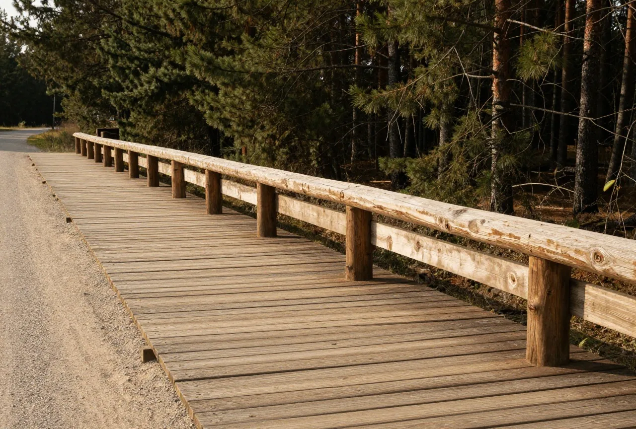 Nachempfundene Szene: Bretterweg mit Anbindebalken an einer staubigen Straße vor dunklem Nadelwald