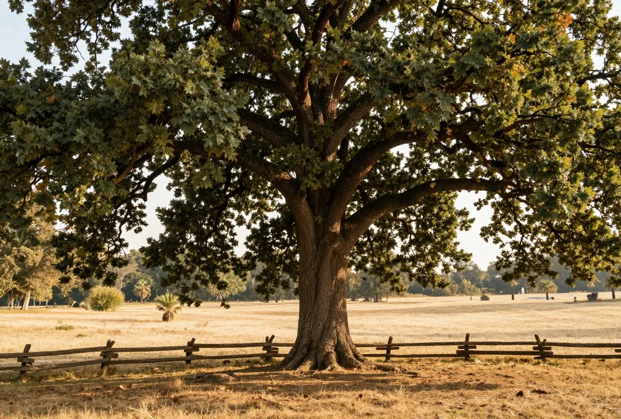 Nachempfundene Szene: Wiese mit alten Eichen und Ahorn, am Rand ein Holzzaun, warmes Nachmittagslicht