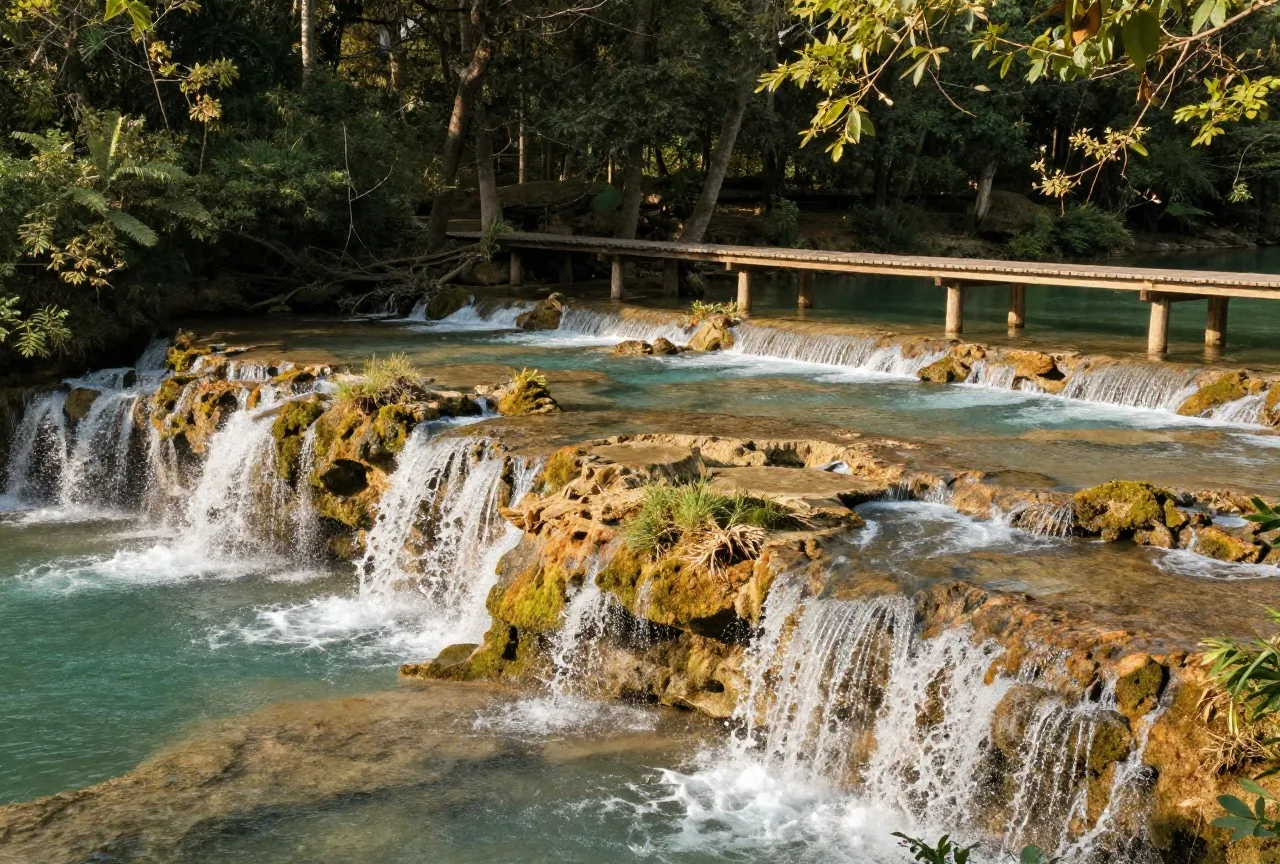 Breiter Fluss, der über moosbewachsene Kalksinterstufen in mehreren Kaskaden in türkisfarbene Becken fällt, am Ufer dichte Laubbäume und ein leerer hölzerner Steg im Nachmittagslicht
