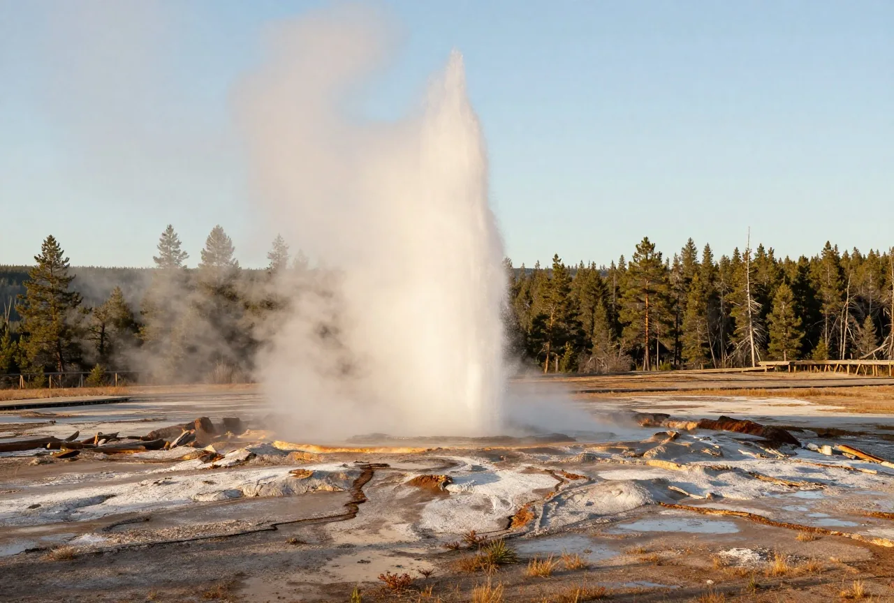 Ein Geysir stößt eine hohe Dampf- und Wassersäule aus einem weißen Sinterhügel aus, ringsum Kiefern und eine weite Hochebene im Licht der späten Nachmittagssonne