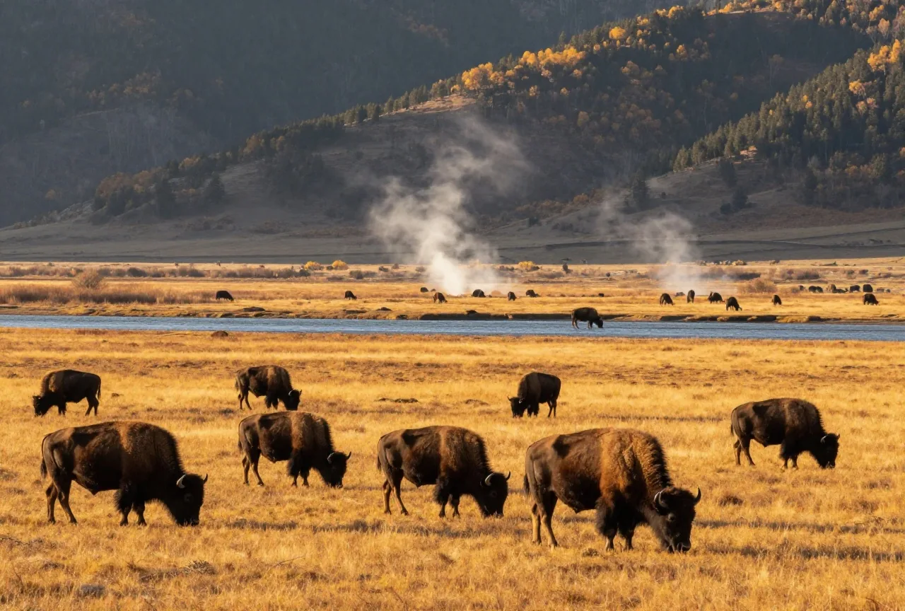 Bisonherde grast in einem weiten Flusstal mit gelbem Herbstgras, in der Ferne steigt Dampf auf und bewaldete Hügel liegen im Abendlicht