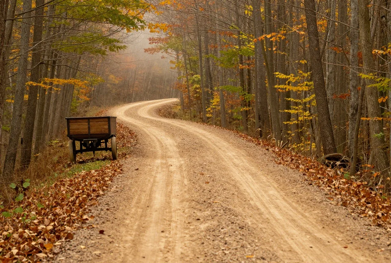 Leerer, ausgefahrener Erdweg durch einen Laubwald der südlichen Appalachen im Spätherbst, Nebel zwischen den Stämmen, Laub auf dem Boden