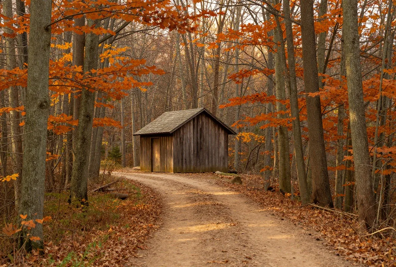 Waldrand mit Buchen und Eichen in Ohio im Herbst, dazwischen ein schmaler Feldweg und ein alter Holzschuppen im warmen Abendlicht