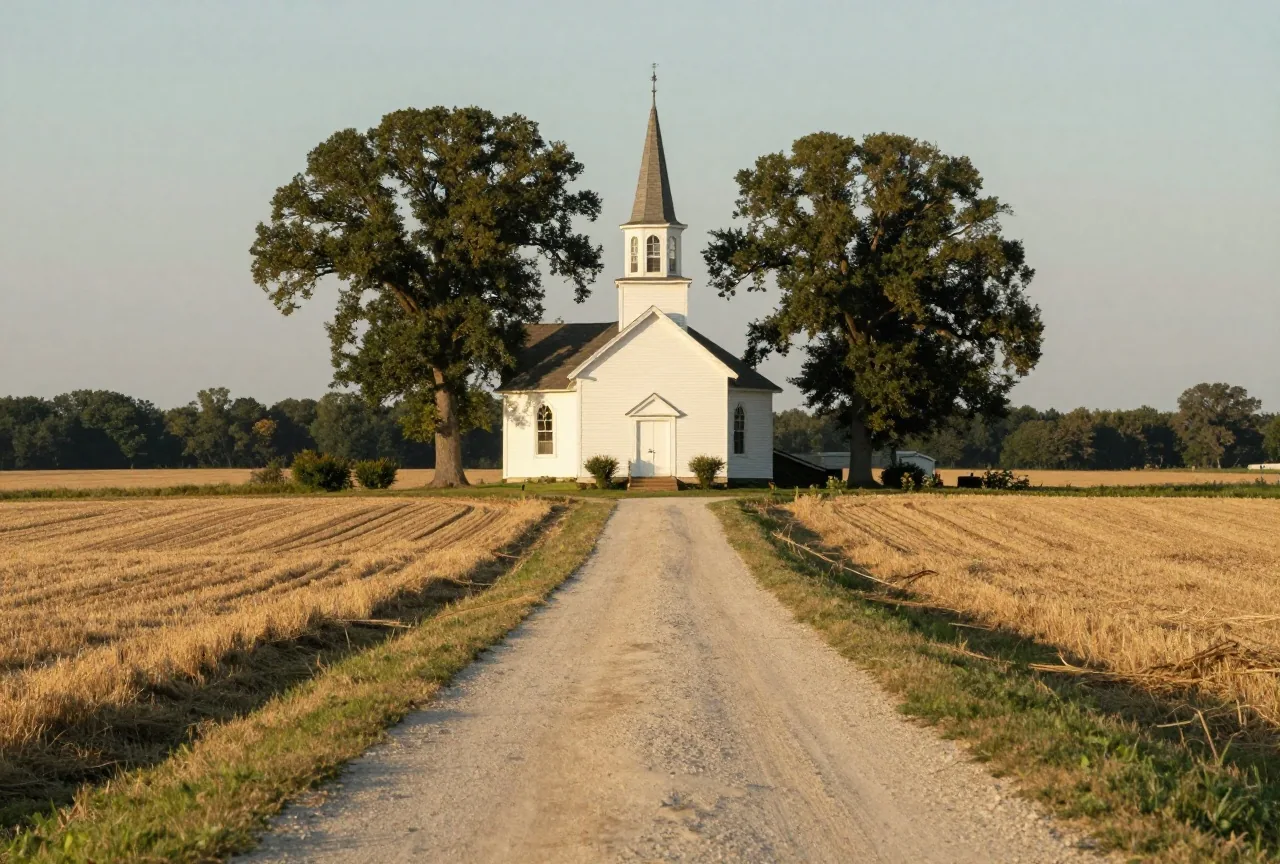 Schmale Landstraße zwischen abgeernteten Feldern in Ohio, am Ende eine kleine weiße Holzkirche unter alten Bäumen im milden Abendlicht