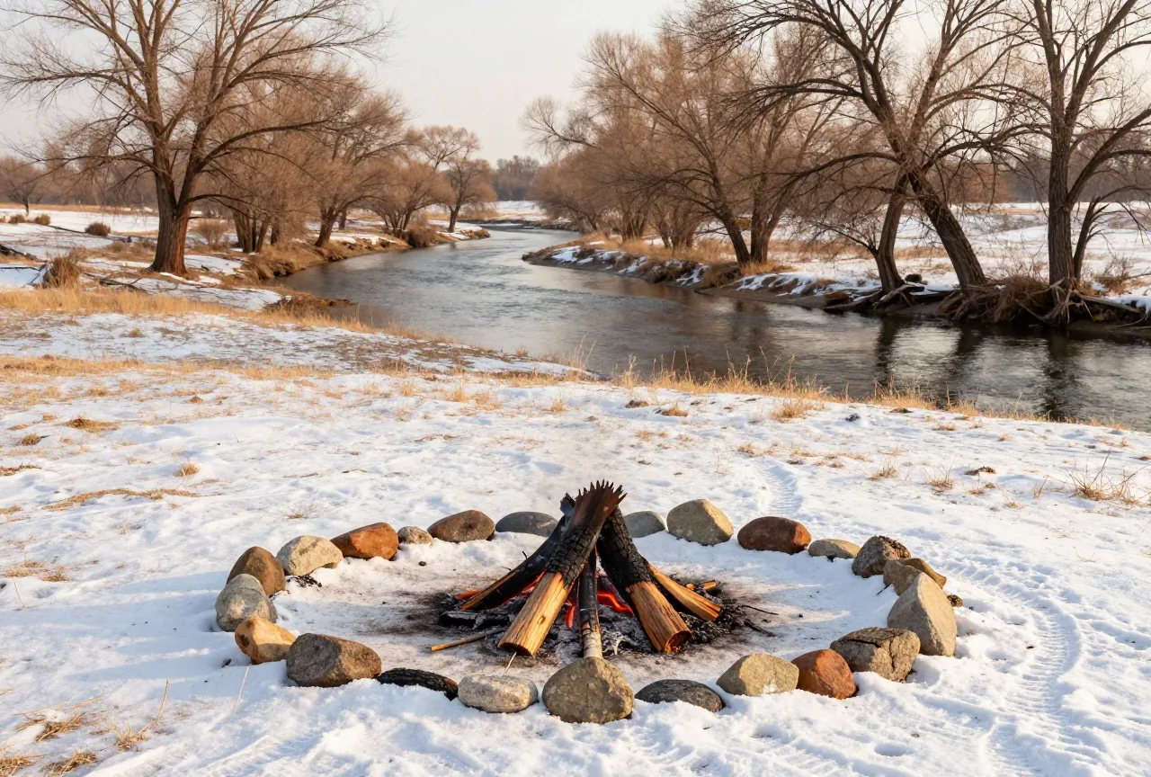 Verschneite Prärie an einem gewundenen Fluss mit kahlen Pappeln, im Vordergrund eine erkaltete Feuerstelle mit verkohlten Holzscheiten und Spuren im Schnee, fahles Winterlicht