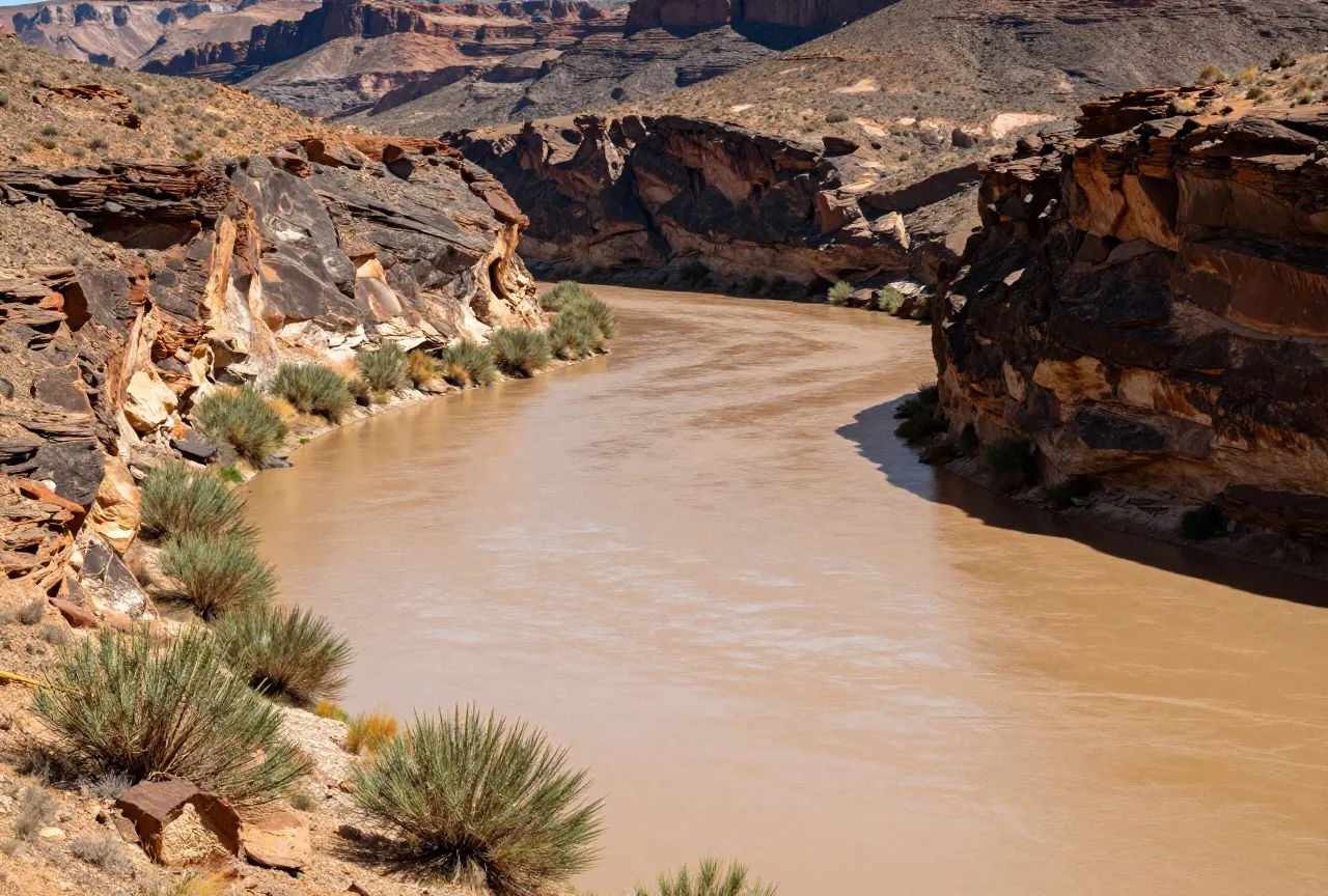 Breiter brauner Colorado River in einer Wüstenschlucht mit heller Sandbank, dahinter dunkle Basaltfelsen und Kreosotbüsche, warmes Licht der tief stehenden Sonne