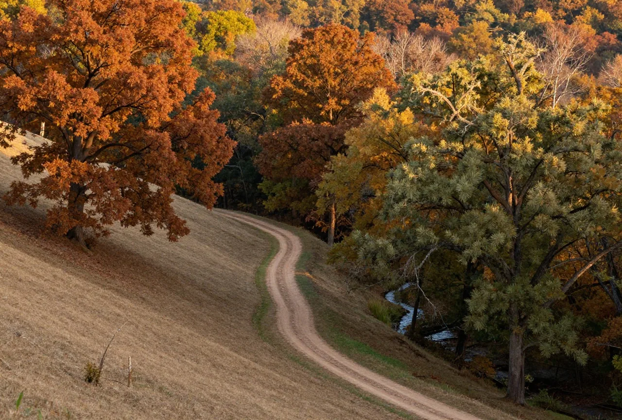 Bewaldete Hügel mit Eichen in Herbstfarben, ein schmaler Reitpfad folgt einem gewundenen Bach im warmen Abendlicht