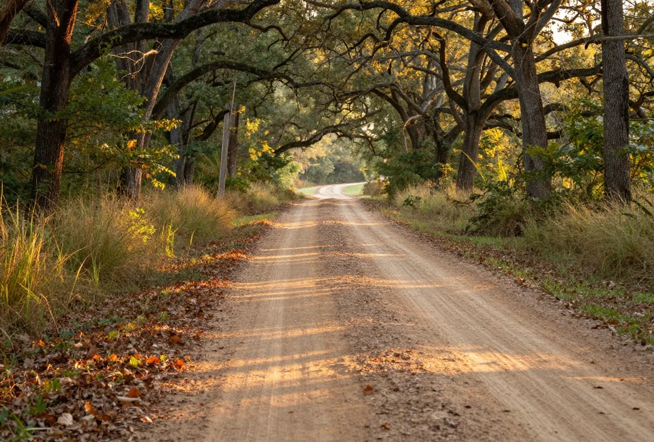 Staubige Landstraße durch Eichenwald im Osten Oklahomas im goldenen Abendlicht, am Rand gefallenes Laub und hohes Gras