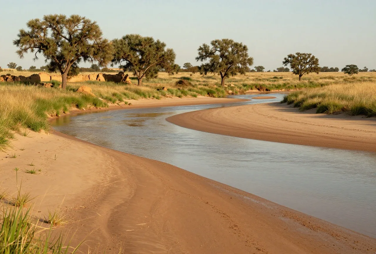 Grasland an einem breiten, flachen Fluss mit Sandbänken und Bäumen am Ufer im späten Nachmittagslicht