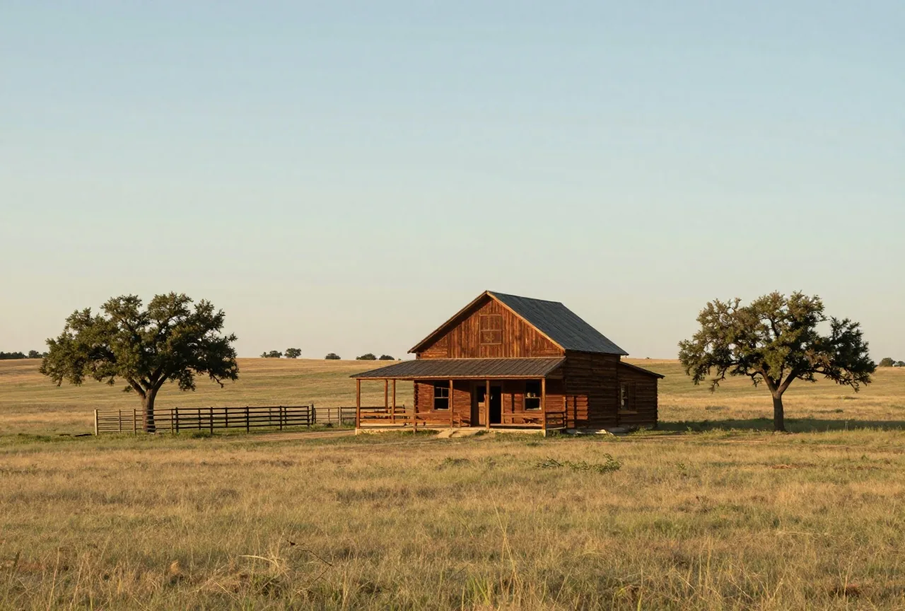 Kleines Farmhaus aus Holz mit Veranda auf welligem Grasland in Nordtexas, ein Pferdekoppelzaun und einzelne Eichen im späten Nachmittagslicht, keine Menschen
