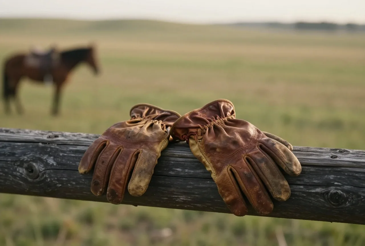 Ein Paar abgenutzte Lederhandschuhe auf einer verwitterten Zaunstange im weichen Abendlicht