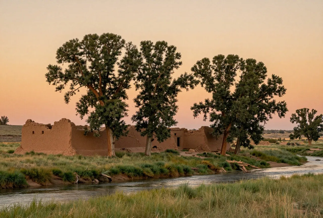 Pappeln am Pecos River in einer weiten Grasaue in der Abenddämmerung, im Gras die niedrigen Lehmmauern einer Ruine