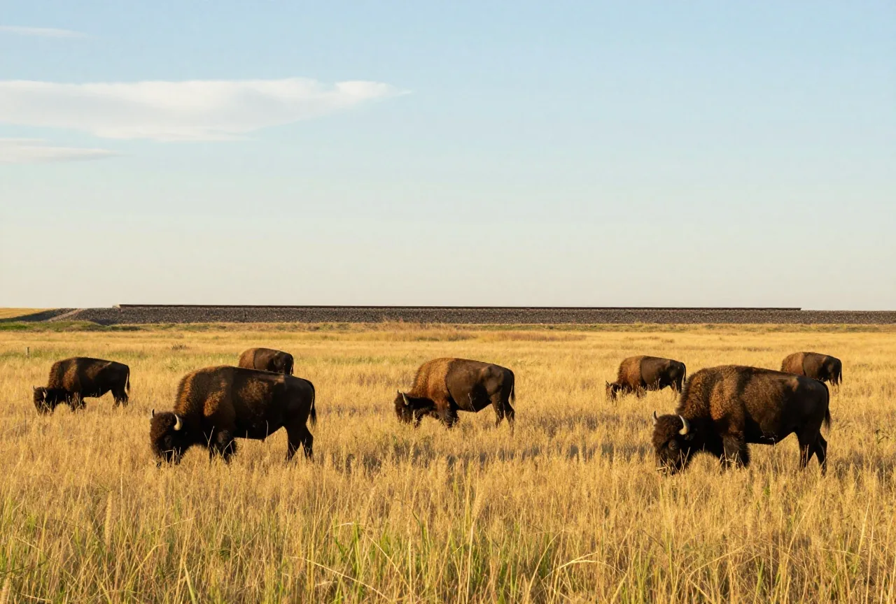 Kleine Herde Bisons im hohen, goldenen Präriegras von Kansas, im Hintergrund ein einzelnes Bahngleis auf einem flachen Damm unter weitem Himmel im späten Nachmittagslicht