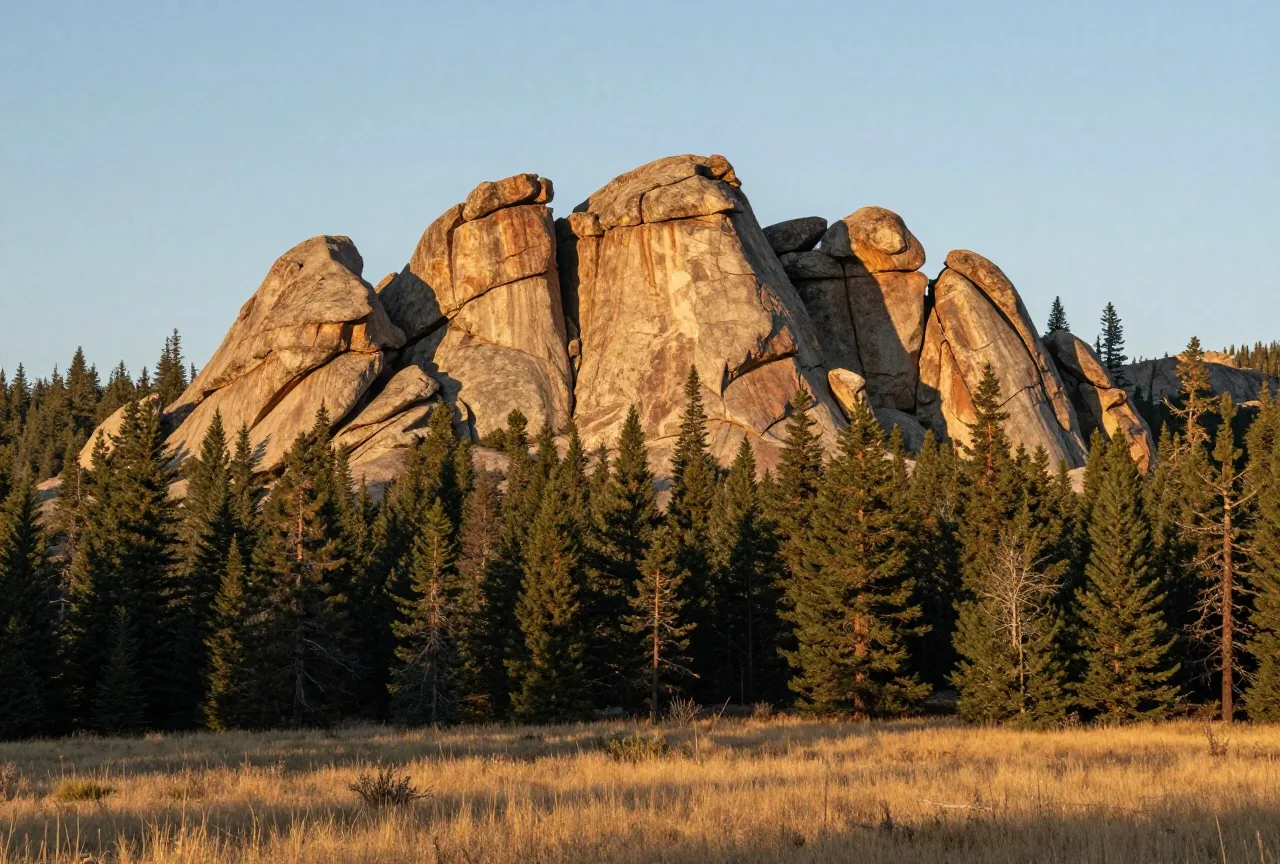 Hoher Granitgipfel mit rundlich verwitterten Felsen über einem Kiefernwald in den Black Hills, davor eine Wiese mit trockenem Gras im Licht der späten Nachmittagssonne
