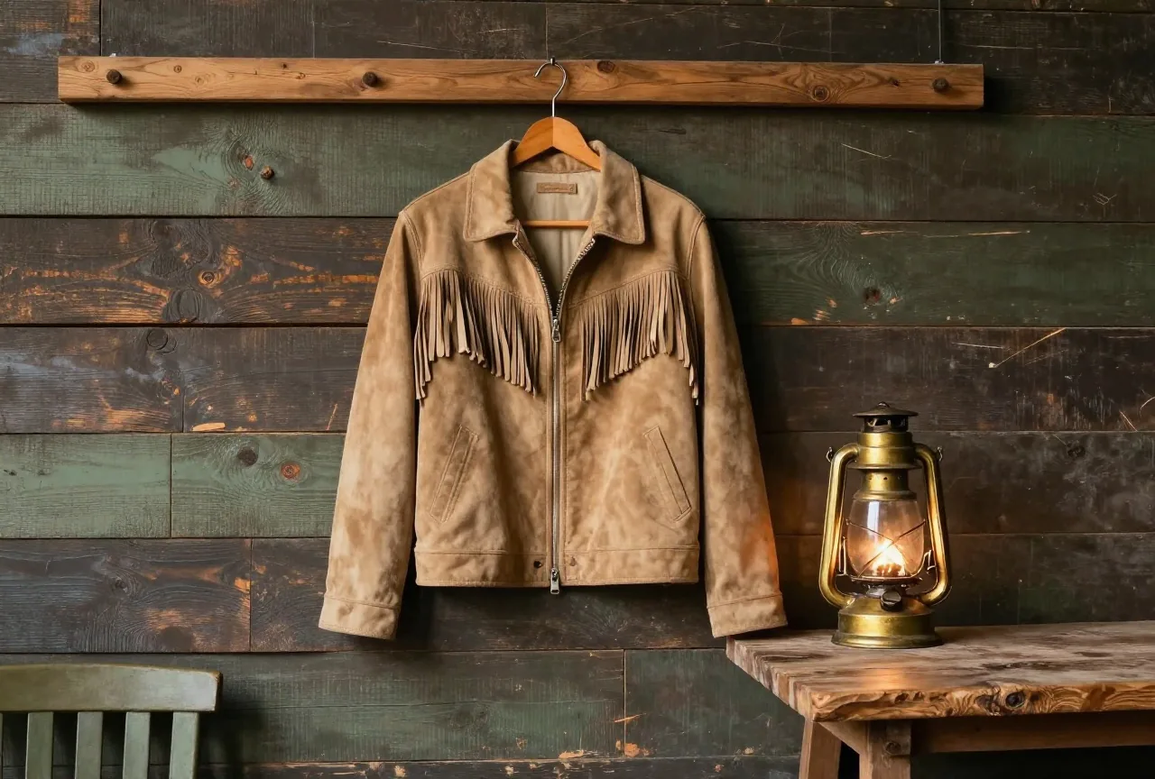Wildlederjacke mit Fransen an einem Holzhaken vor einer Bretterwand, daneben eine Petroleumlampe auf einem Tisch aus rohen Brettern