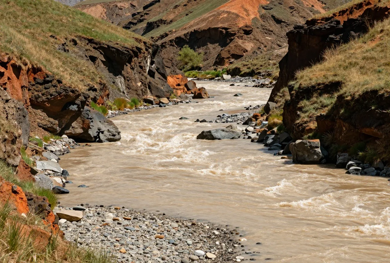 Breiter, schnell fließender Fluss in einer tiefen, kargen Schlucht mit grasbewachsenen Hängen und Basaltfelsen im Frühsommerlicht