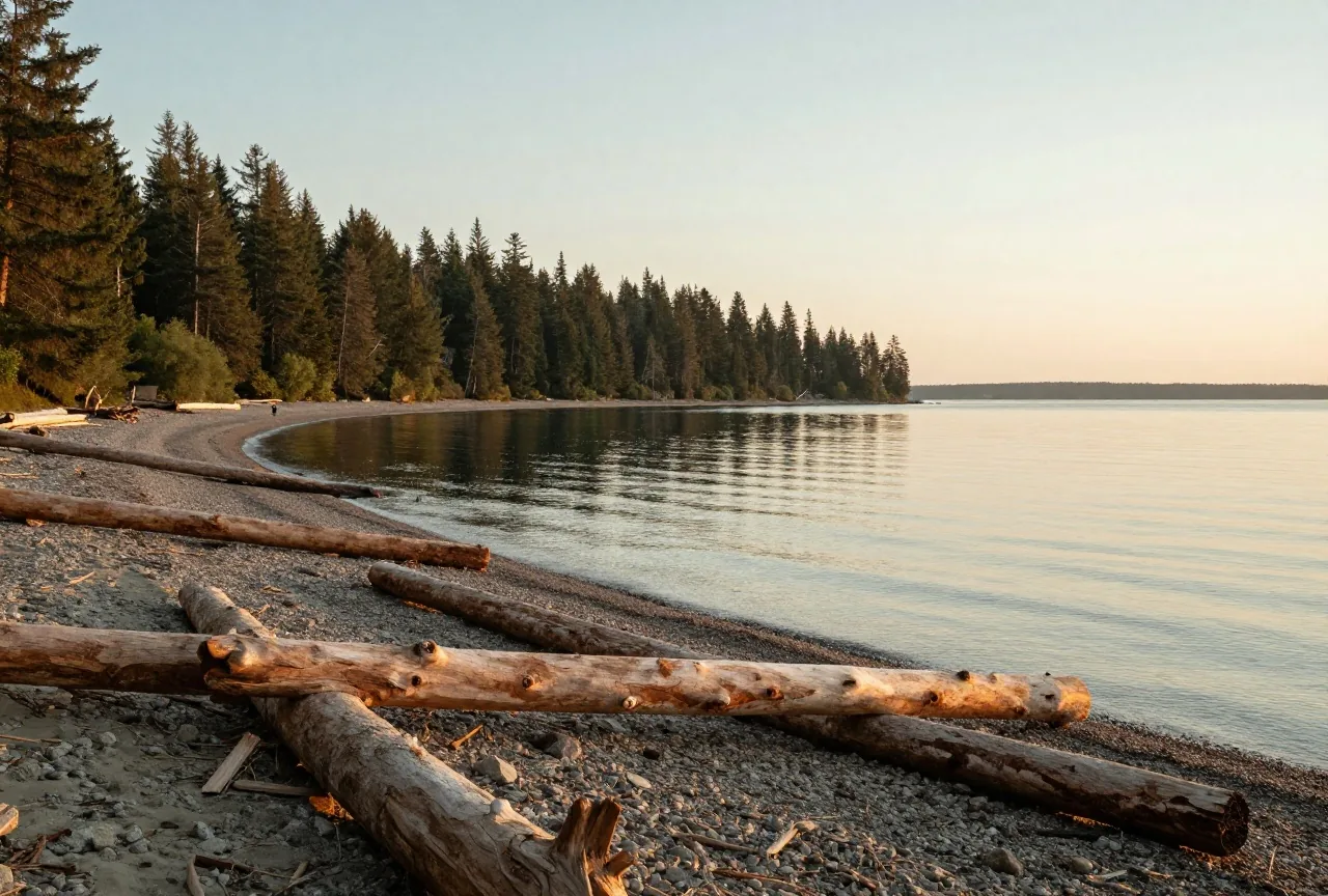 Kiesstrand an einem ruhigen Meeresarm mit Treibholz und dunklem Nadelwald am anderen Ufer im Abendlicht
